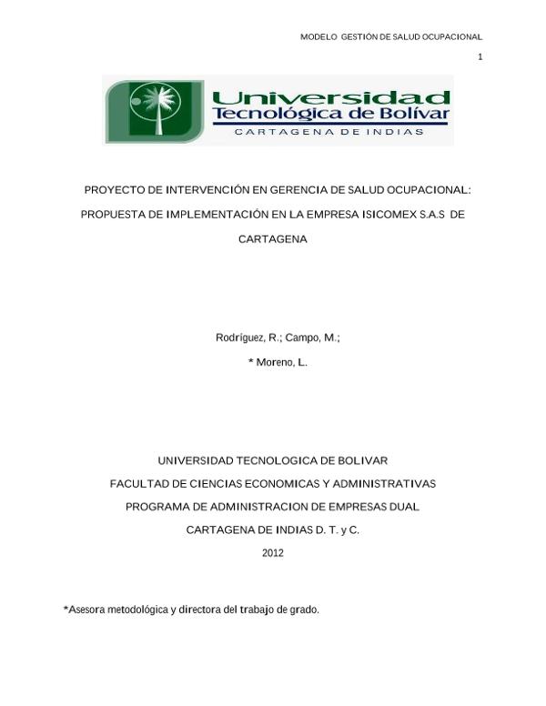 Proyecto de intervención en gerencia de salud ocupacional : propuesta de  implementación en la empresa ISICOMEX  de Cartagena /